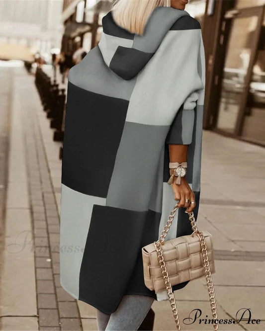 Fashion Geometric Print Long Sleeve Hooded Casual Loose Trench Stylish Coat