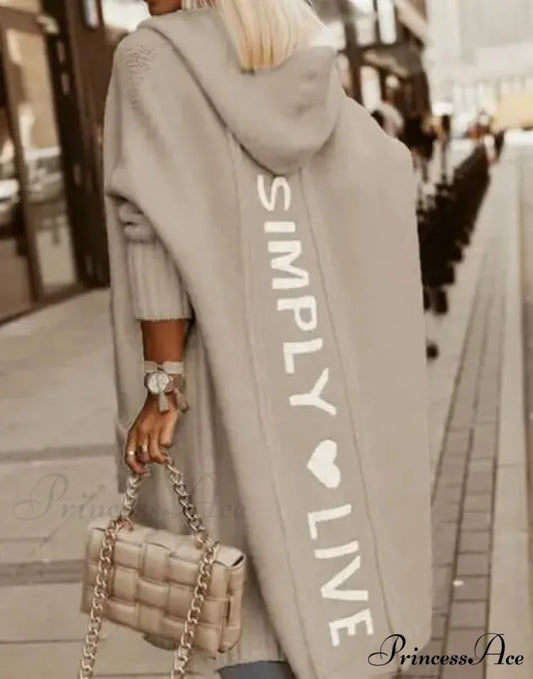 Fashion Geometric Print Long Sleeve Hooded Casual Loose Trench Stylish Coat Beige / S