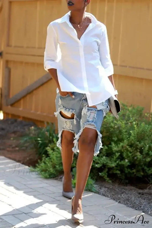 Fashion Holes Ripped Straight Denim Shorts Summer Streetwear Knee Length Women Shorts High Waist Casual Jean Blue / S