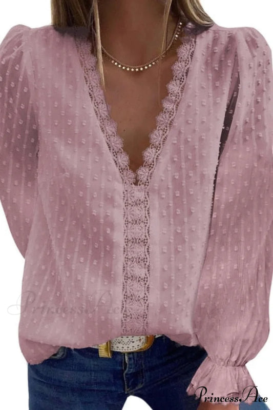 Fashion Lace Patchwork V Neck Blouses Pink / S