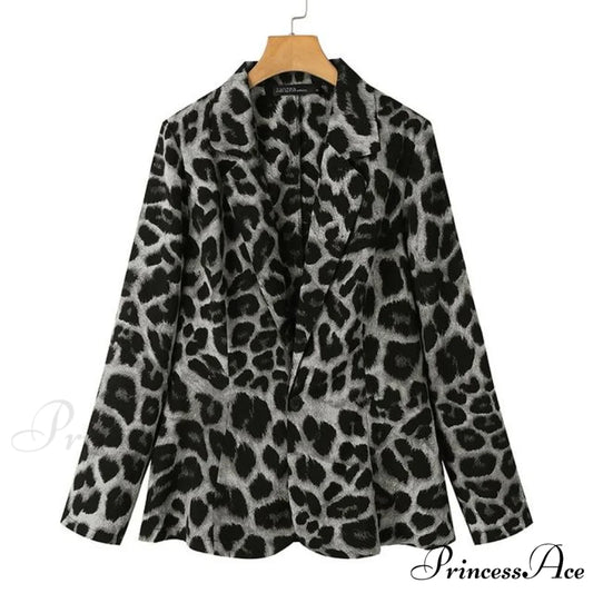 Fashion Ladies Office Leopard Lapel Blazer Dark Grey / XL
