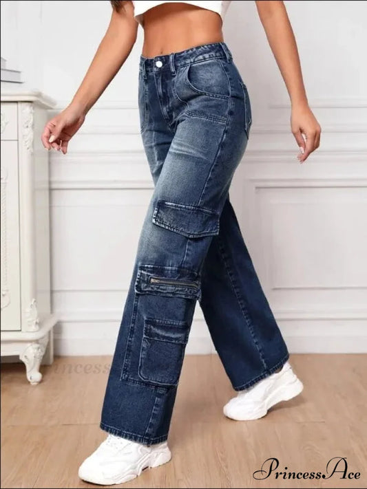 Fashion Multi Pocket Women’s High Waist Y2K Loose Cargo Denim Wide Leg Casual Clothing 2024 Fall New S-2XL Jean