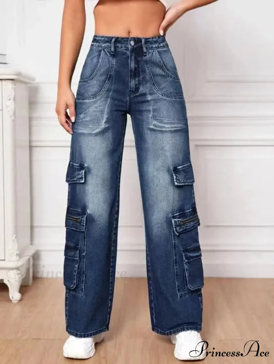 Fashion Multi Pocket Women’s High Waist Y2K Loose Cargo Denim Wide Leg Casual Clothing 2024 Fall New S-2XL Jean Blue / S