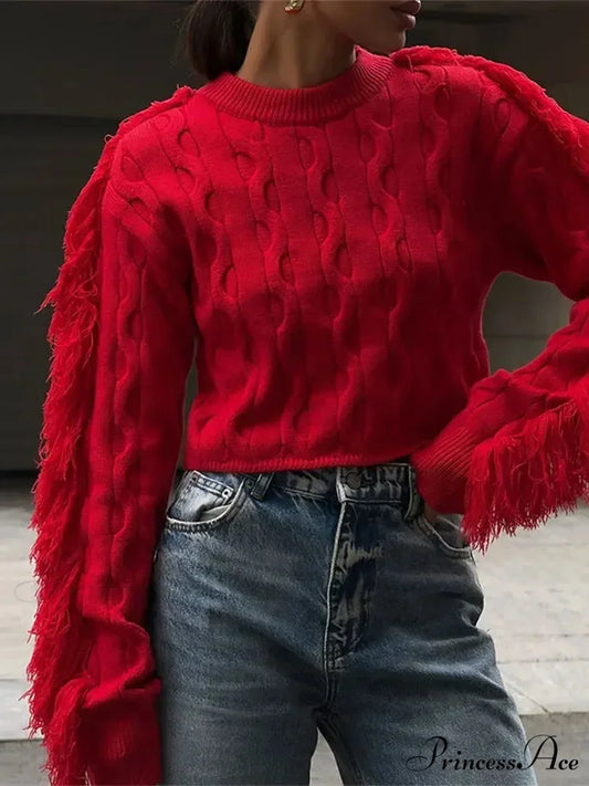 Fashion O-Neck Long Sleeve Patchwork Cropped Red Christmas Sweater Red / S