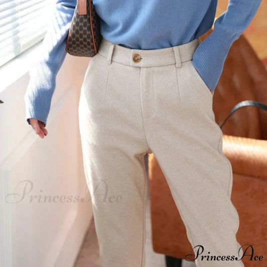 Fashion Office Wear High Waist Harem Pencil Trousers Autumn Winter Pants Apricot white / S