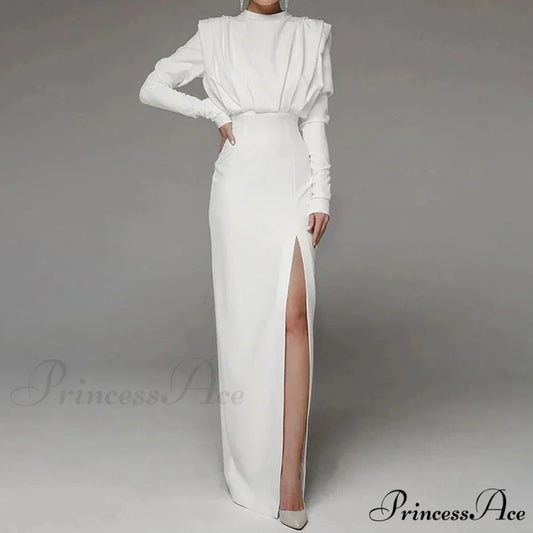 Fashion Pleated High Split Long Sleeve Maxi Dress WHITE / XS