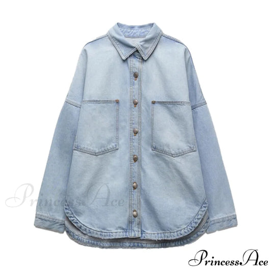 Fashion Pocket Decorated Denim Shirt Blue / XS