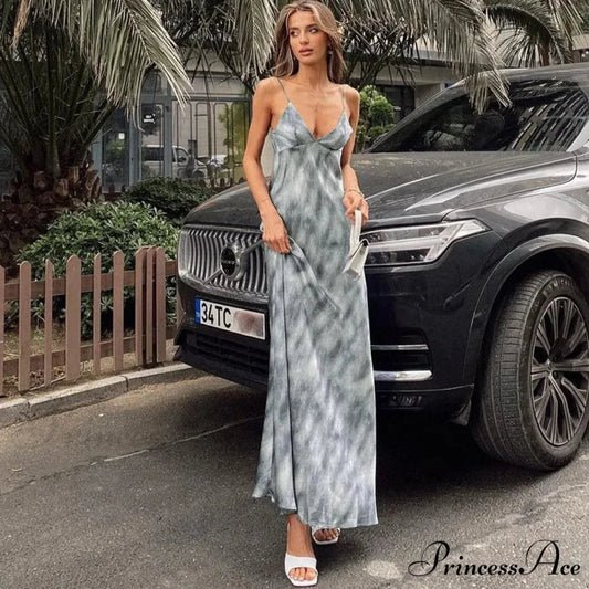 Fashion Print Sleeveless Backless Holiday Slip Maxi Dress Grey / S
