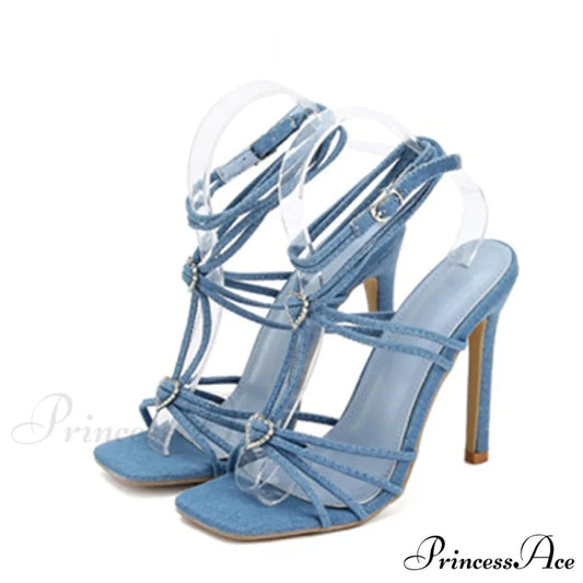 Fashion Rhinestone Buckle Narrow-Band Sandals Square-Toe Wedding Banquet High-Heels Thin Golden High Heel Blue / 35