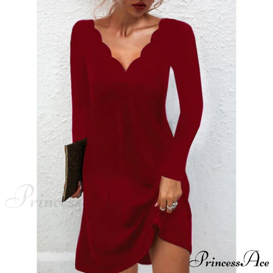Fashion Sexy Casual Long Sleeve Vestidos Pullover Party Dress Red / XXL