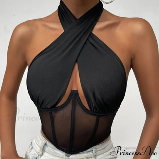 Fashion Sexy Hollow Tie-Up Halter Backless See-Through Mesh Stylish Elegant Trendy Crop Top Black / S