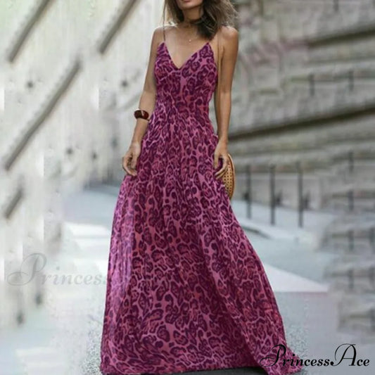 Fashion Sexy Leopard V-Neck Sling Maxi Dresses rose Red / S