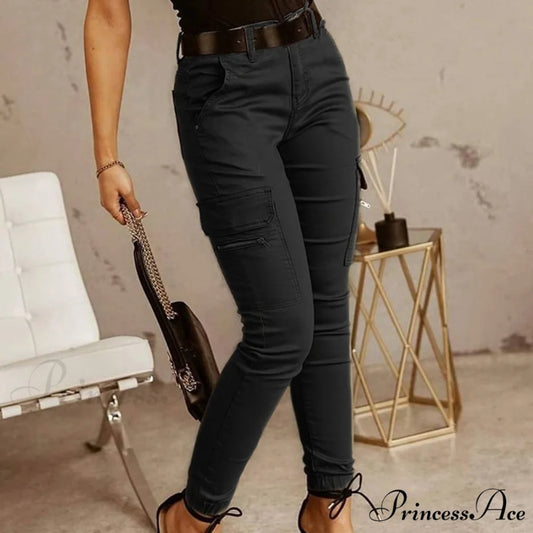 Fashion Solid Color Casual Pocket Button Zipper Slim Trousers