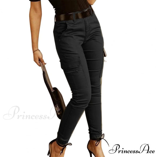 Fashion Solid Color Casual Pocket Button Zipper Slim Trousers Black / S