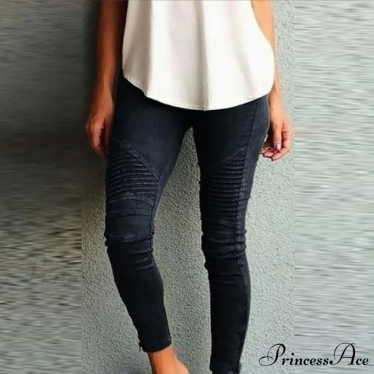 Fashion Solid Color Elastic Waistband Slim Skinny Pencil Pant Trouser Black / S