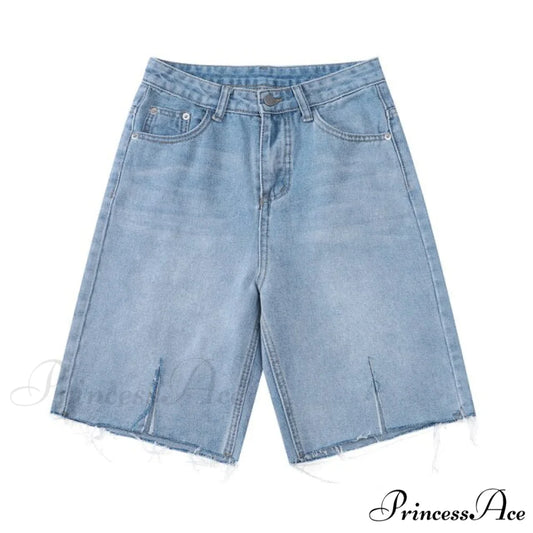 Fashion Streetwear Rough Edge Slit Jeans Shorts Blue / XL