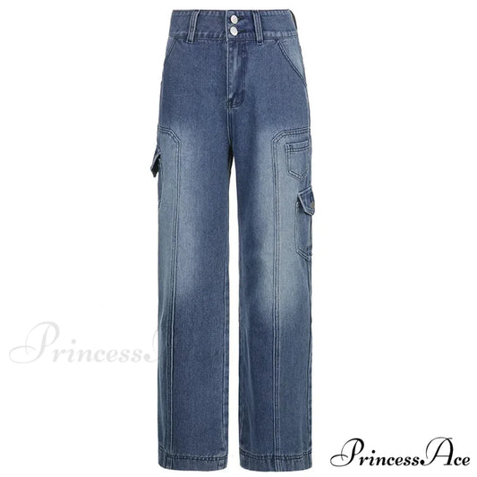 Fashion Streetwear Women Denim Trouser Loose Cargo Korean Autumn Winter Pockets Patchwork Baggy Jean Blue / S