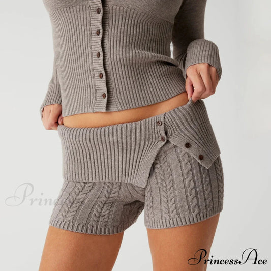 Fashion Summer Pajama Solid Color Button Cuff Cable Knit Lounge Bottoms Short GRAY / S