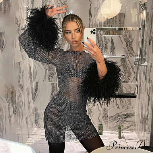 Fashion Tassel See Through Long Sleeve Dress Black / S