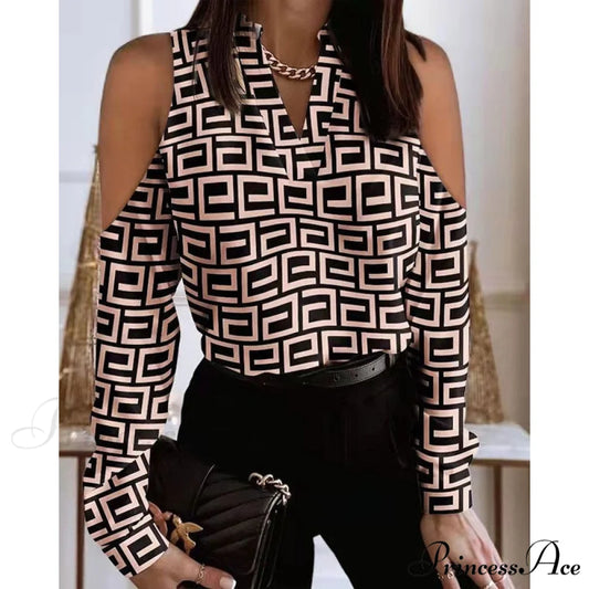 Fashion V-neck Printed Off Shoulder Loose Shirt Labyrinth Lattice / S
