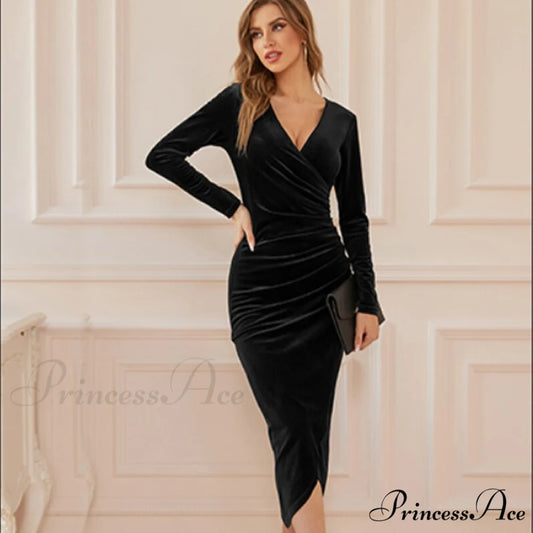 Fashion Velvet Long Sleeve Bodycon V-neck Ruched Midi Dresses Black / S