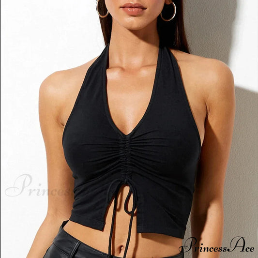 Fashion Women Lace Up Halter Black Sleeveless Drawstring Slim Fit Crop Club Summer Camis Streetwear Tank top Black / S