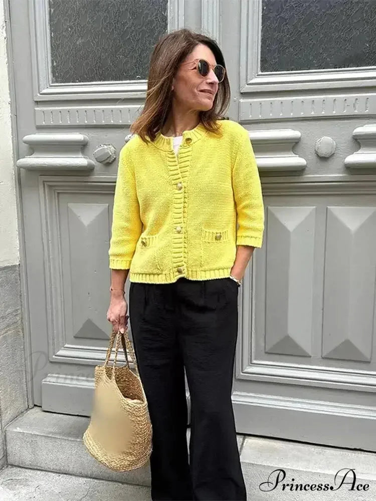 Fashionable Chic Yellow Stylish Cozy Long Sleeve Comfortable Single-breasted Warm Sweater