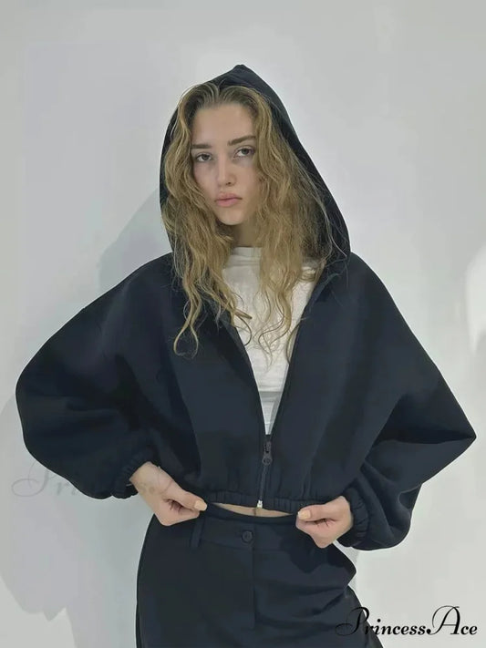 Fashionable Cropped Cozy Solid Color Loose Hoodie Black / S