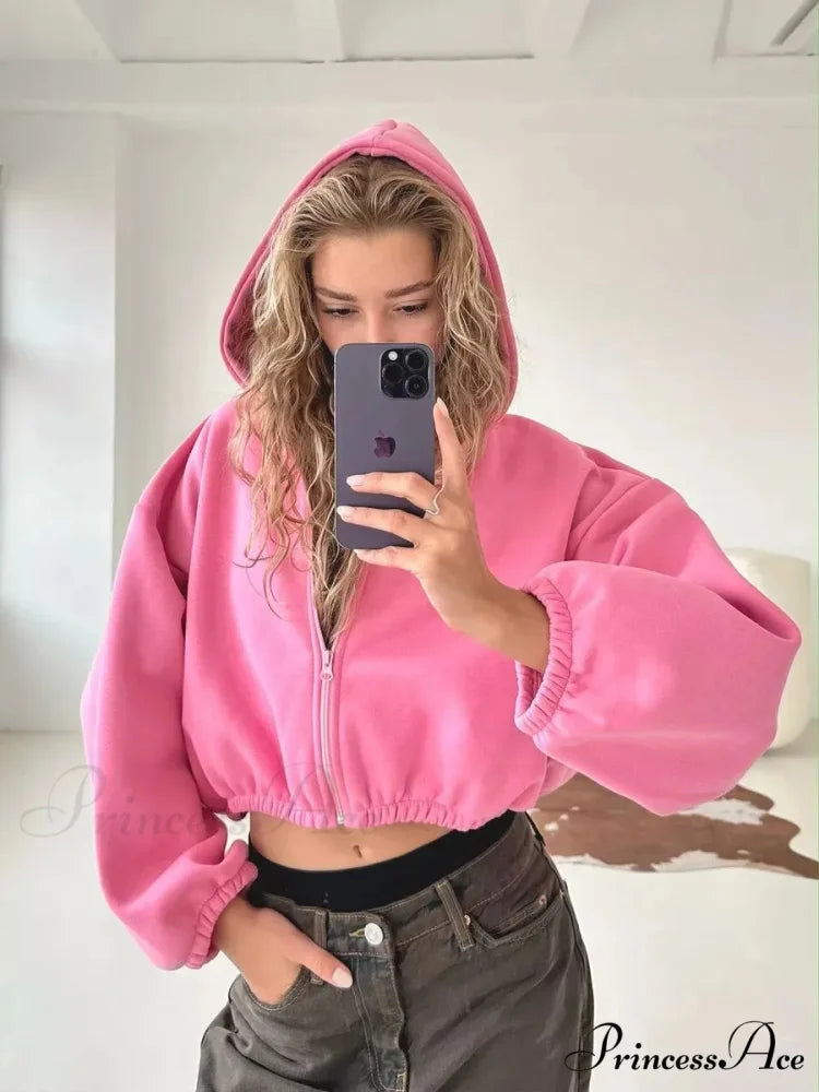 Fashionable Cropped Cozy Solid Color Loose Hoodie Pink / S
