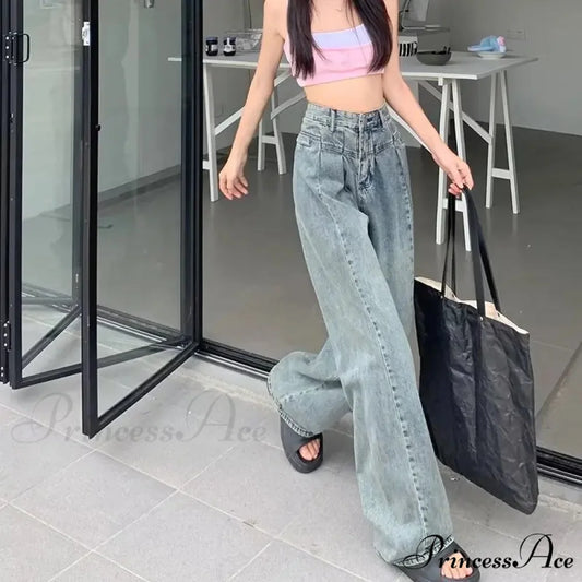 Fashionable Minimalist Lazy Wide Legged Harajuku Trendy Natural Waist Jean Light Blue / S