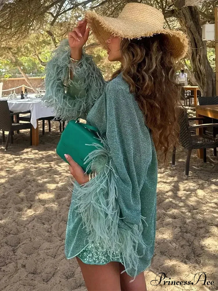 Fashionable Solid Shiny Feathered Patchwork Chic Stand Collar Single-breasted Loose Stylish Coat