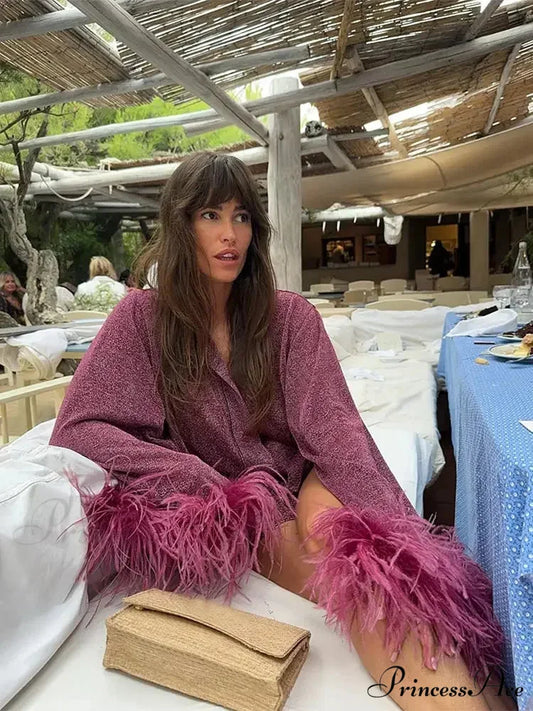 Fashionable Solid Shiny Feathered Patchwork Chic Stand Collar Single-breasted Loose Stylish Coat Red / S