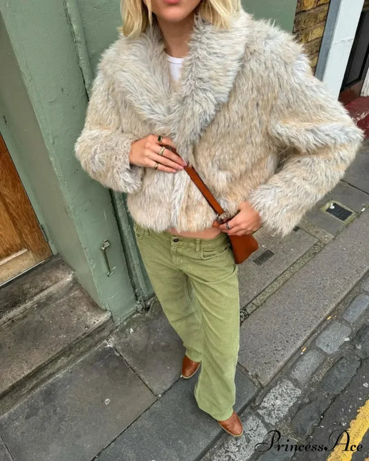 Fashionable Warm Solid Faux Fur Elegant Stand Collar Long Sleeves Cozy Chic Coat Beige / S