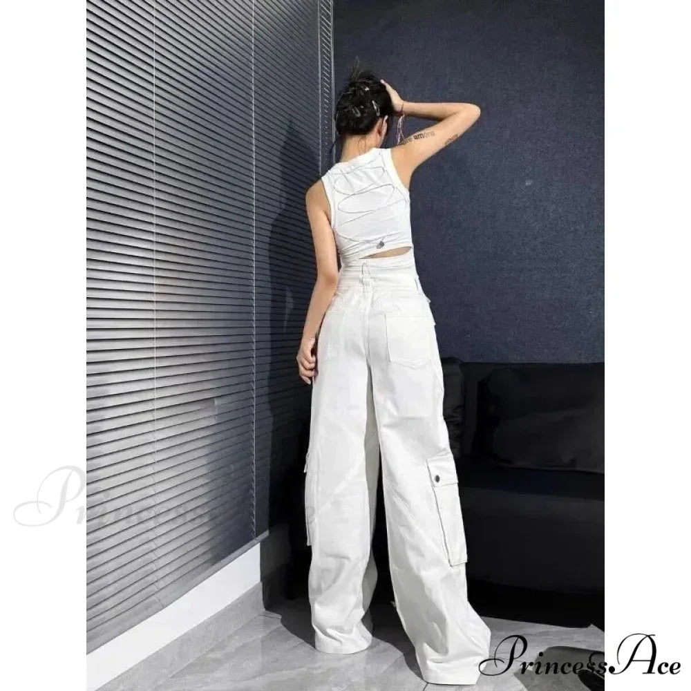 Fashionable White Cargo Jeans Wide Leg Trousers pants-241228