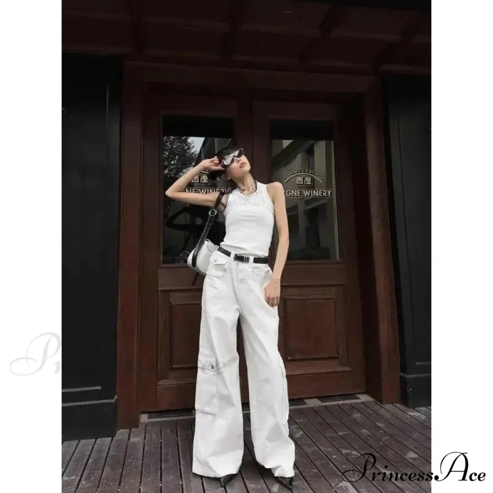 Fashionable White Cargo Jeans Wide Leg Trousers pants-241228