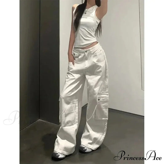 Fashionable White Cargo Jeans Wide Leg Trousers white / S pants-241228