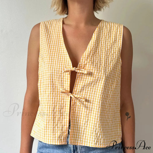 Fasten-Front Lace Camis Crop Top yellow / S croptop-250223