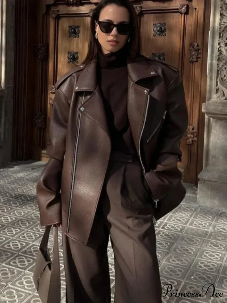 Fastener Lapel Leather Coat Brown / S coats-241228