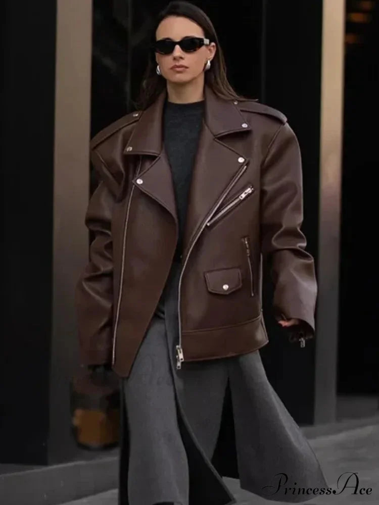 Fastener Lapel Leather Coat coats-241228