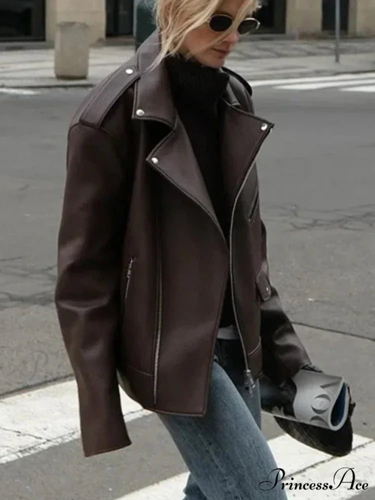 Fastener Lapel Leather Coat coats-241228