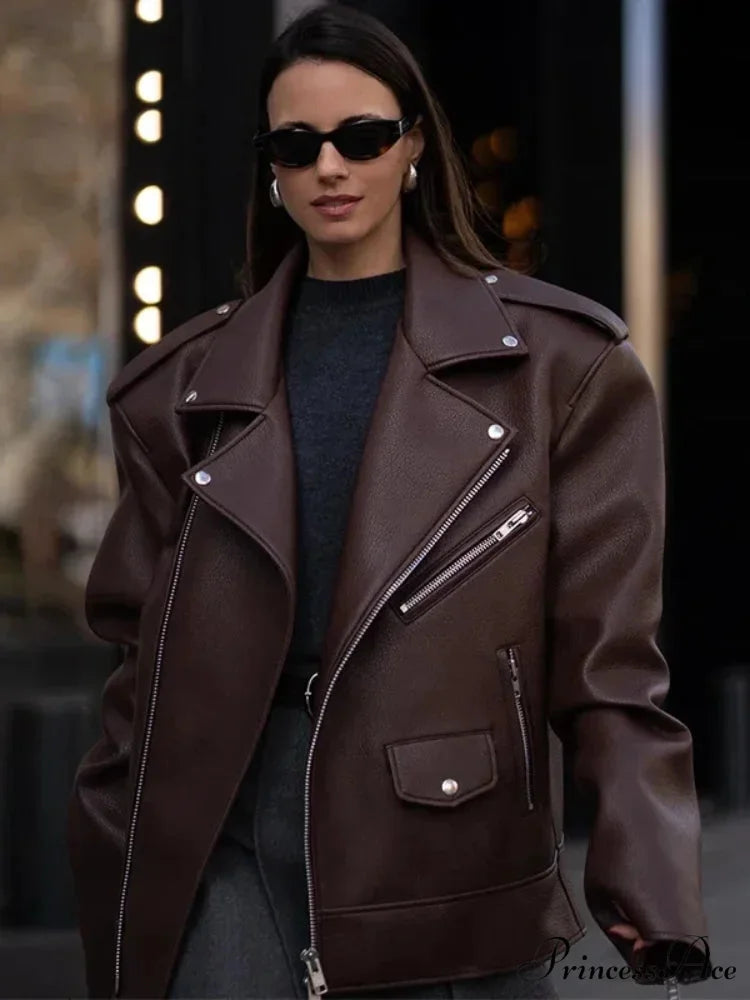 Fastener Lapel Leather Coat coats-241228