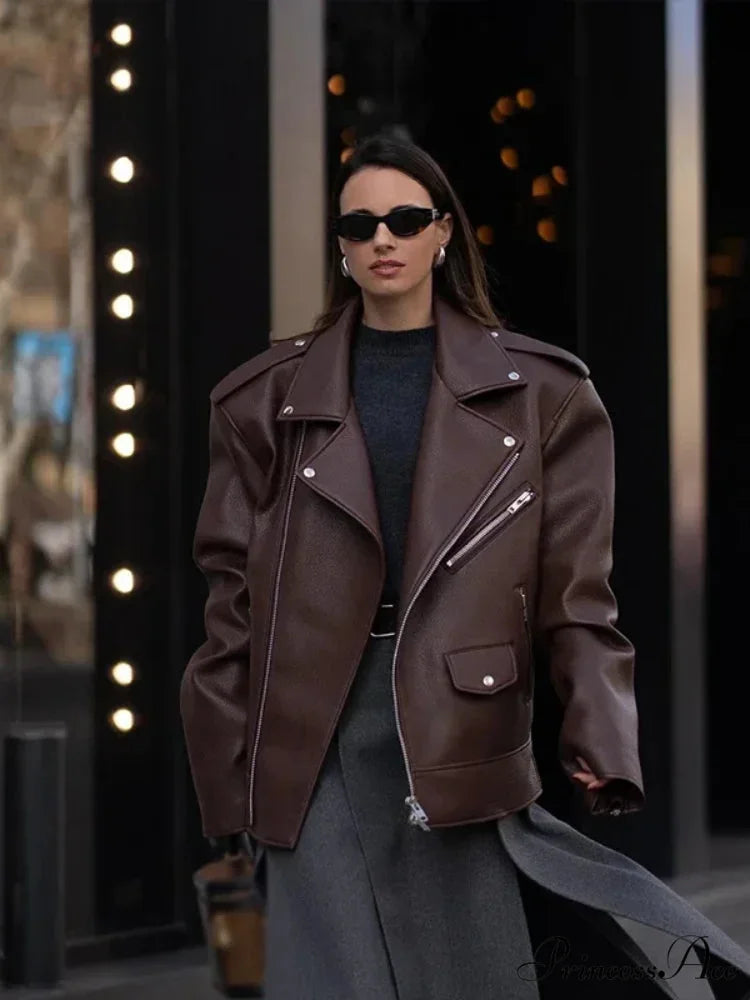 Fastener Lapel Leather Coat coats-241228