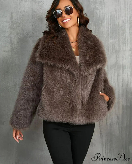 Faux Fur Lapel Autumn Winter Coat Brown / XS