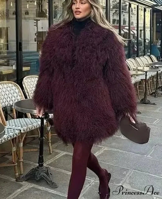 Faux Fur Loose Long Sleeve Coat wine red / XS