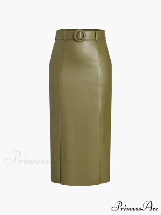 Faux Leather Belted Trendy Split Midi Skirt ArmyGreen / XS