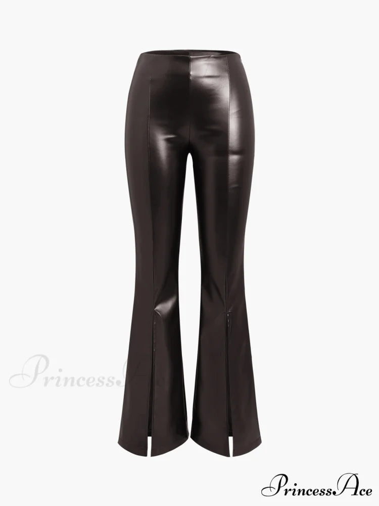 Faux Leather Graceful Zippered Flare Pants Dark Brown / XS