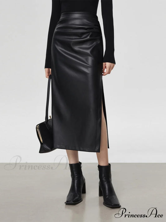 Faux Leather Ruched Trendy Slit Midi Skirt Black / XS