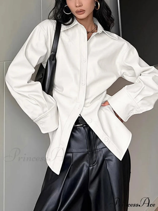 Faux Leather Solid Trendy Collar Button Down Shirt Off-White / XS