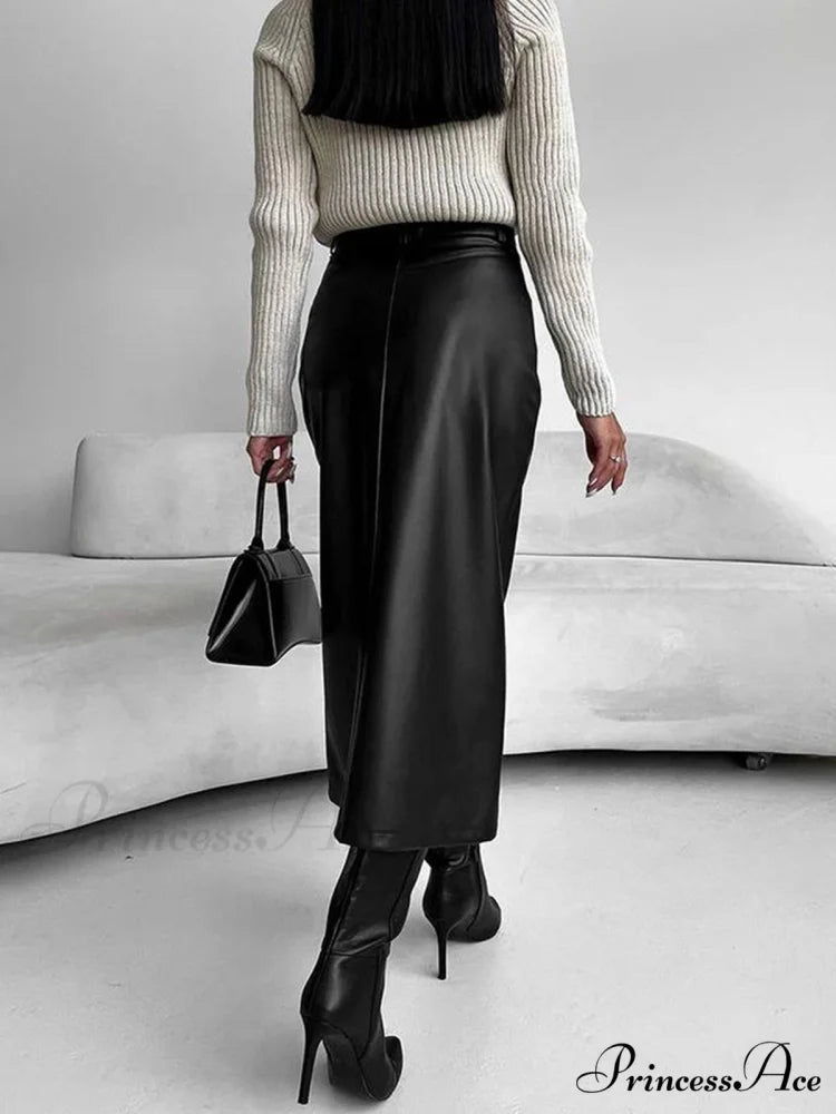 Faux Leeather Graceful Slit Midi Skirt