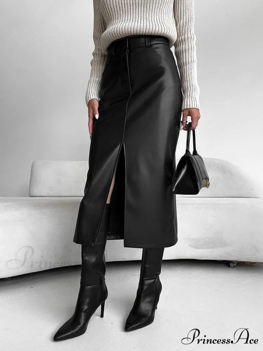 Faux Leeather Graceful Slit Midi Skirt Black / XS
